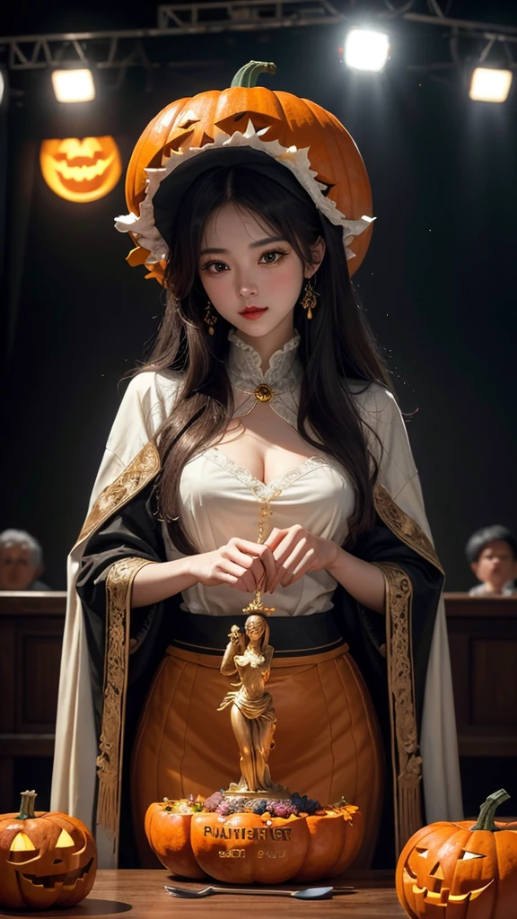 ( Cute Girl Carved with a Big Pumpkin：1.1），（whole body）， Beautiful Long Haired Girl ， Retro Coat Long Skirt ，16k，orange，peace of mind，  Honest Dining Table Background ， Fruit Carving ， Food Sculpture ，Three-dimensional sculpture，Stage Art ， Food Sculpture デザイン， close, Rotated, Rococo style, classicism,  depth of field, 超 High Resolution , masterpiece, Accurate,   Super Details ,  Growing from a High Place ,  high quality,  Award-winning,  best quality,  High Resolution , 16k，Soft Light Illumination，