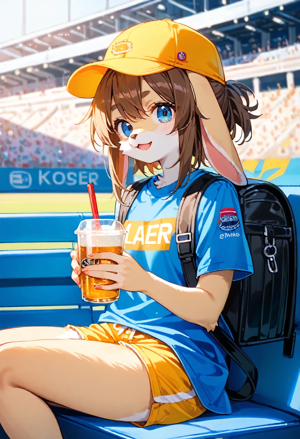 score_9, score_8_up, score_7_up, score_6_up, score_5_up, score_4_up, source_anime, best quality, amazing quality, very aesthetic, absurdres, 1girl, (furry, kemono1.2), rabbit, solo, hat, backpack, bag, solo, brown hair, shorts, blue eyes, motor vehicle, blue shirt, yellow shorts, car, shirt, smile, baseball cap, uniform, holding, blurry background, blurry, short sleeves, cup, disposable cup, yellow headwear, A close-up of a young woman in a yellow and blue uniform, wearing a baseball cap, and holding a cup of beer in one hand and a camera in the other. She is sitting on a blue chair in a stadium. The woman is wearing a black backpack with a white stripe on the side of it, and the cap has "LAGER BEER" written on it in black. The background of the image is blurred, and there are blue seats in the stadium behind the woman.