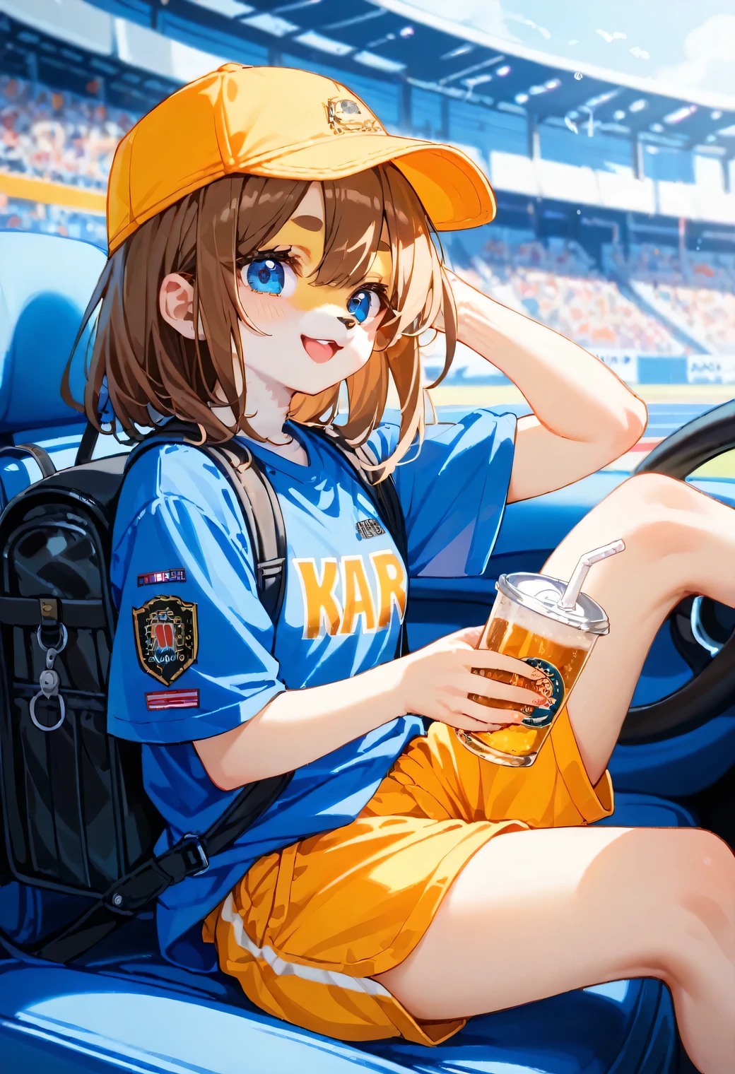 score_9, score_8_up, score_7_up, score_6_up, score_5_up, score_4_up, source_anime, best quality, amazing quality, very aesthetic, absurdres, 1girl, (furry, kemono1.2), rabbit, solo, hat, backpack, bag, solo, brown hair, shorts, blue eyes, motor vehicle, blue shirt, yellow shorts, car, shirt, smile, baseball cap, uniform, holding, blurry background, blurry, short sleeves, cup, disposable cup, yellow headwear, A close-up of a young woman in a yellow and blue uniform, wearing a baseball cap, and holding a cup of beer in one hand and a camera in the other. She is sitting on a blue chair in a stadium. The woman is wearing a black backpack with a white stripe on the side of it, and the cap has "LAGER BEER" written on it in black. The background of the image is blurred, and there are blue seats in the stadium behind the woman.