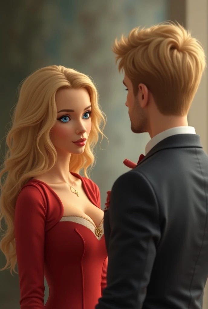 A realistic blue-eyed blonde woman wearing a red dress, Meet with a blond man in front
