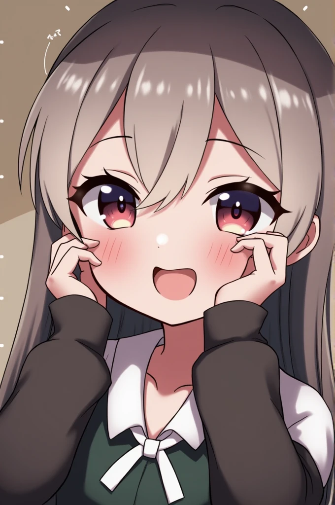 score_9, score_8_up, score_7_up, score_6_up, score_5_up, score_4_up, BREAK ,open_mouth,fellatio_gesture,FellatioGesture,heart-shaped eyes,upper body,blunt bangs,Gray Hair,Yellow Eyes,ponytail,very big breasts