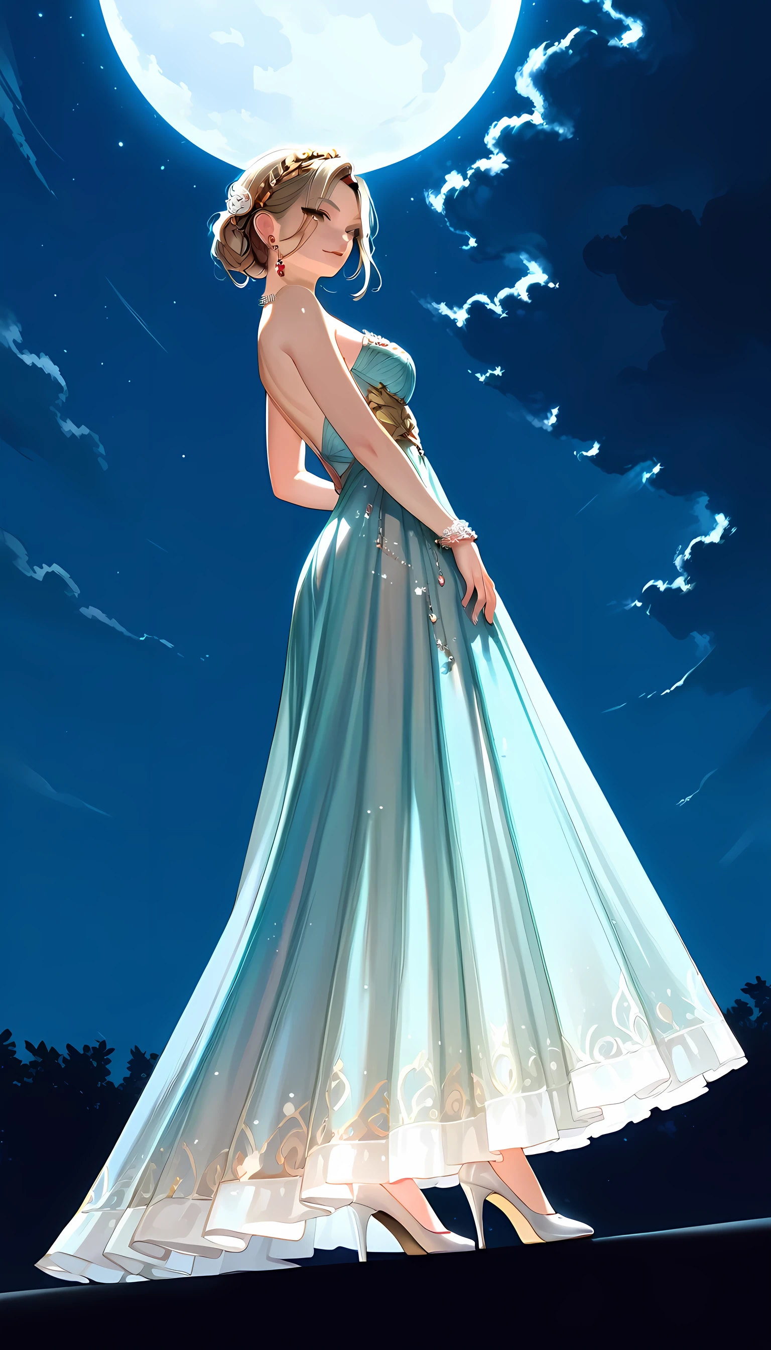 a beautiful model wearing an intricate clack dress, in a fashion show,  there are glowing stars on the dress, wearing high heels, it is night time the moon in the sky, fantasy art, 16K, full body, silhouette, from side, Ultra-Wide Angle, retina, UHD, best quality, 16k, highres, high details,