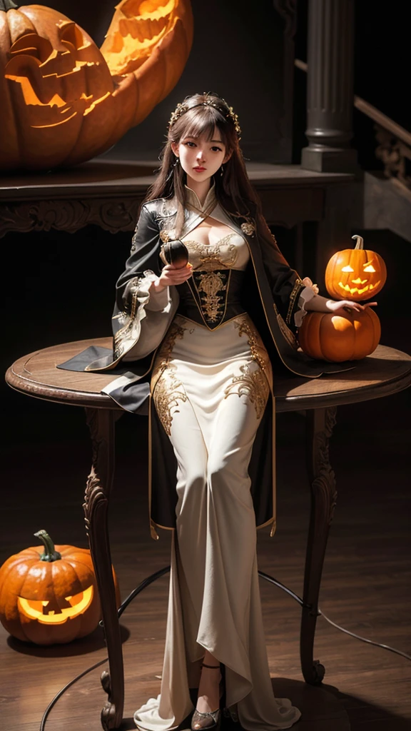 ( Cute Girl Carved with a Big Pumpkin：1.1），（whole body）， Beautiful Long Haired Girl ， Retro Coat Long Skirt ，16k，orange，peace of mind，  Honest Dining Table Background ， Fruit Carving ， Food Sculpture ，Three-dimensional sculpture，Stage Art ， Food Sculpture デザイン， close, Rotated, Rococo style, classicism,  depth of field, 超 High Resolution , masterpiece, Accurate,   Super Details ,  Growing from a High Place ,  high quality,  Award-winning,  best quality,  High Resolution , 16k，Soft Light Illumination，