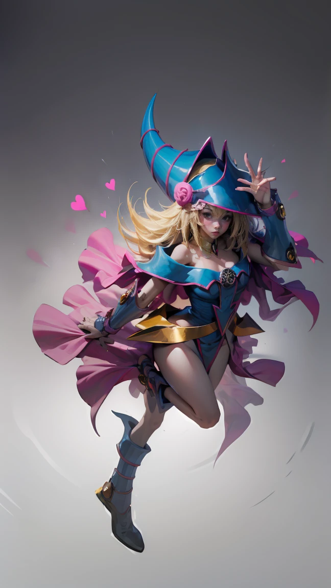 ( masterpiece :1.2), ( The best quality :1.2), Perfect lighting, Dark Witch Chica casting a spell, In battle.  Floating in the air , medium breasts visible, transparent neckline, blue robe, large hat, from above, Flashes, Yugioh game, The magic of the heart.  LIGHTS OF THE HEART , Romantic Heart. She wears heels. She has heels. Wear heels 