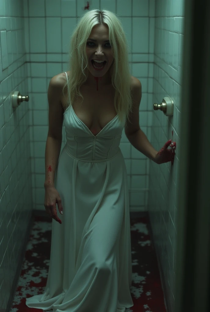 Kaley cuoco, bloody vampire, in bathroom, topless, blood all over her body, (blood everywhere)), masterpiece, best quality, ultra detailed, ultra realistic