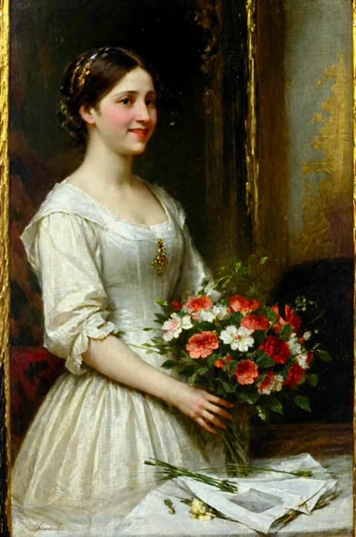 A woman holds a bouquet of flowers in her hand, inspired by Alexei Khalamov