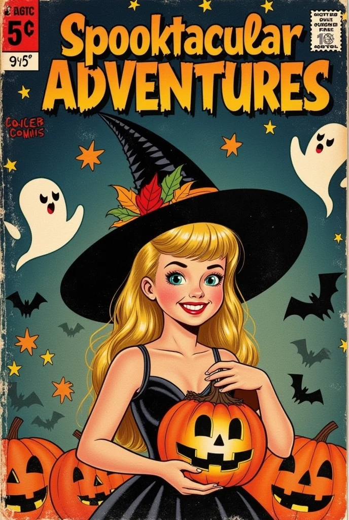 Comic Book Cover: A delightful yet eerie Halloween scene featuring a young witch with long, flowing hair, wearing a stylish black witch's hat adorned with colorful autumn leaves. She has a playful smile, holding a glowing pumpkin lantern that casts a warm, inviting light. The background is filled with whimsical elements like floating ghosts, cute bats, and jack-o'-lanterns with cheerful expressions, all against a starry night sky. The title "Spooktacular Adventures!" is boldly displayed at the top in a whimsical font, with a price tag of "5¢" in the corner. The overall composition exudes a fun and festive Halloween vibe, reminiscent of classic 1940s-50s comic book covers, complete with a textured paper finish and slightly faded colors for that vintage feel.