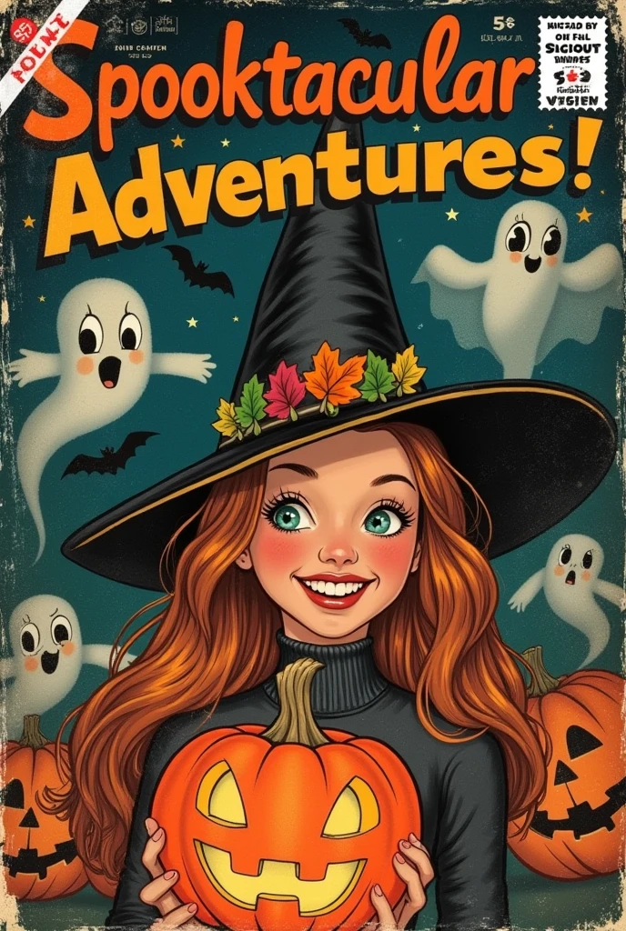 Comic Book Cover: A delightful yet eerie Halloween scene featuring a young witch with long, flowing hair, wearing a stylish black witch's hat adorned with colorful autumn leaves. She has a playful smile, holding a glowing pumpkin lantern that casts a warm, inviting light. The background is filled with whimsical elements like floating ghosts, cute bats, and jack-o'-lanterns with cheerful expressions, all against a starry night sky. The title "Spooktacular Adventures!" is boldly displayed at the top in a whimsical font, with a price tag of "5¢" in the corner. The overall composition exudes a fun and festive Halloween vibe, reminiscent of classic 1940s-50s comic book covers, complete with a textured paper finish and slightly faded colors for that vintage feel.