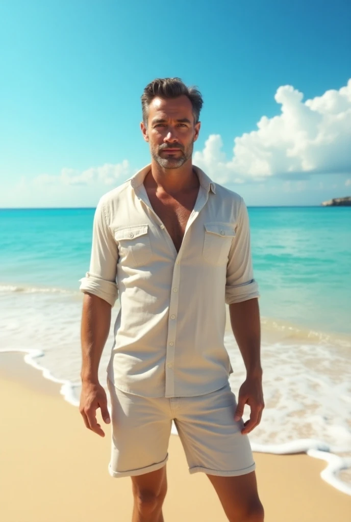 un sex-symbol italiano muy elegante que seduce mujeres, He is 45 years old and a businessman vacationing on the beach drinking a daikiri