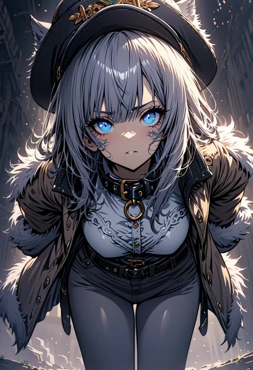 1girl,hat,collar jacket, furr trimmed,belt,leaning forward,(high detailed face)