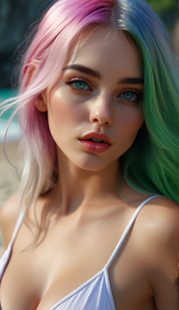 Young sexy elf ,  multicolor hair ,   tall full of pouting  ,  thick lips ,  seductively,   beautifule detaillierte Augen ,   beautiful detailed lips  ,   extremely detailed eyes and face, Long eyelashes, hyperrealistic,   Photorealistic  , 8k,   ultra-detailed, masterpiece,   high quality  ,  Complicated details,   cinematic lighting  ,   vivid colors  ,   glamorous  , sensual, alluring, fascinating, Pointed long ears, sexy large    、   2 sexy girls hug each other while kissing, tongue,  beautiful and sexy face、    A strong wind blows my hair in front of my face  、  beautifules langes Haar, pink white hair ,  hair over one eye, Hair in front of the ear,  beautiful,   cute and sexy green eyes  ,    hidden by long bangs   、blue swimsuit、 large luscious breasts ,  perfect anatomy 、 founder and a thumb , at the beach, Is standing , realism, Hyperrealism, UHD,  super detailed ,  textured skin , best quality, masterpiece, Exactly, Detsilluted hand and arm ,
