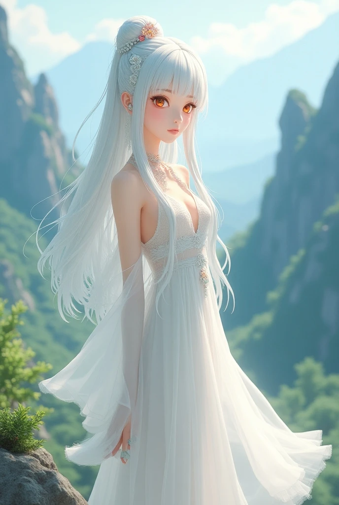 White hair, white silk, bikini, meadow,, girly, breasted