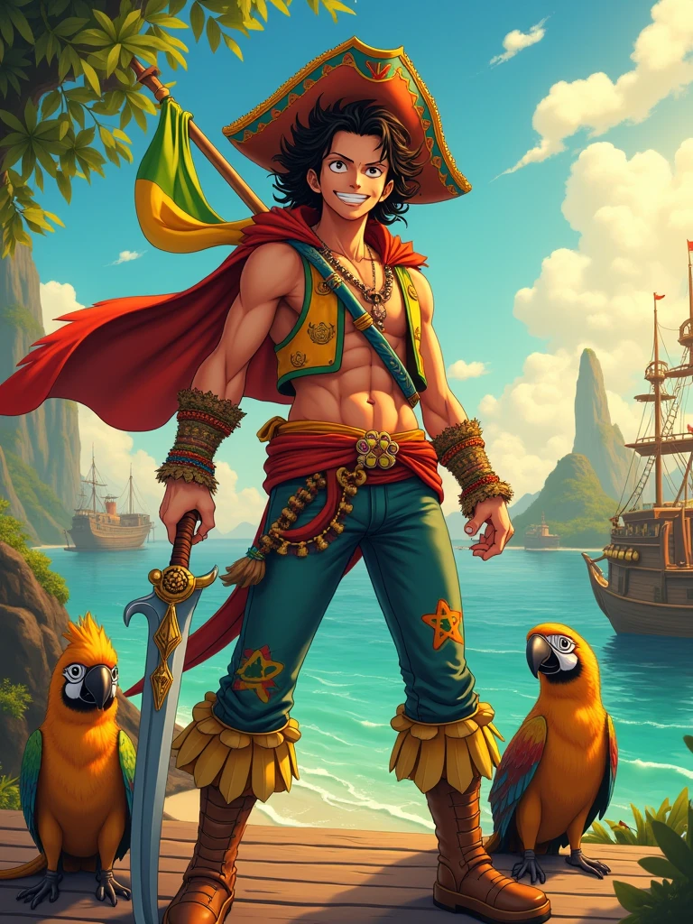 1. **vestimentas**: Wear clothes that suit the tropical climate and local culture.. May include a light button-down shirt, wide pants or shorts and sandals. A look inspired by beachwear or traditional costumes, like Hawaiian shirts, may be interesting.
2. **colors**: Use vibrant, tropical colors, como azul, green and yellow, reminiscent of the beaches and natural environment of Maceió.
3. **Accessories**: Add typical accessories, like shell necklaces, shell bracelets and straw hat. They can add a local and exotic touch to the look..
4. **Physical Characteristics**: The character may have a skin tone that reflects the ethnic diversity of the region, with an athletic physique, since he may be a skilled fighter.
5. **Detalhes culturais**: Incorporate elements that refer to local culture, such as tattoos inspired by indigenous art or lace patterns found in local crafts.
6. **Weapons or Items**: Whether the game allows special weapons or items, consider items that refer to local culture, such as a decorated staff or a weapon inspired by traditional artifacts.