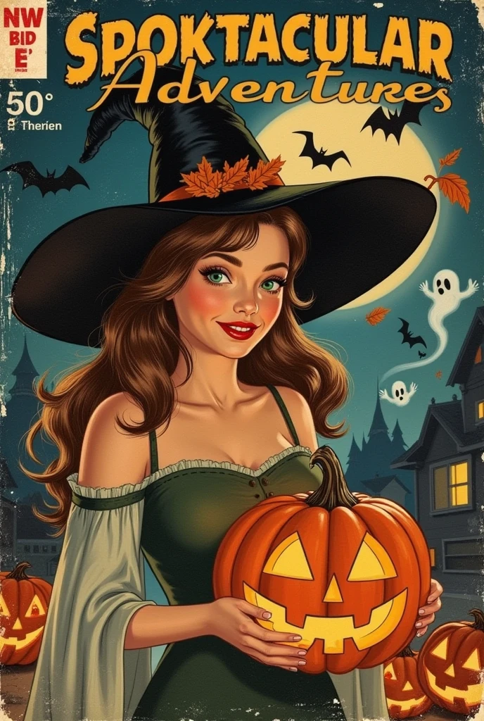 Comic Book Cover: A realistic portrayal of a young witch with long, flowing hair, dressed in an elegant black witch's hat adorned with delicate autumn leaves. Her expression is charming yet slightly mysterious, as she holds a glowing pumpkin lantern that casts a warm, inviting light on her face. The background features whimsical elements like gentle, ghostly apparitions and playful bats, alongside jack-o'-lanterns with friendly expressions, all set against a deep, starry night sky. The title "Spooktacular Adventures!" is prominently displayed at the top in a vintage-style font, with a price tag of "5¢" in the corner. The overall composition maintains a fun and festive Halloween vibe, reminiscent of classic 1940s-50s comic book covers, complete with textured paper effects and muted colors for an authentic vintage look.