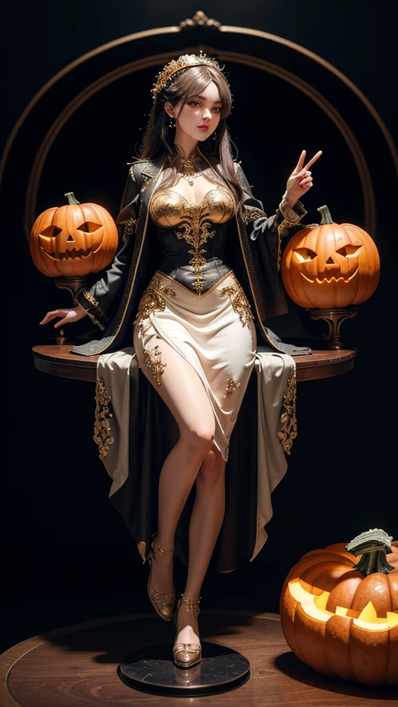 ( Cute Girl Carved with a Big Pumpkin：1.1），（whole body）， Beautiful Long Haired Girl ， Retro Coat Long Skirt ，16k，orange，peace of mind，  Honest Dining Table Background ， Fruit Carving ， Food Sculpture ，Three-dimensional sculpture，Stage Art ， Food Sculpture デザイン， close, Rotated, Rococo style, classicism,  depth of field, 超 High Resolution , masterpiece, Accurate,   Super Details ,  Growing from a High Place ,  high quality,  Award-winning,  best quality,  High Resolution , 16k，Soft Light Illumination，