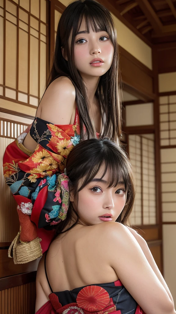 An ultra-realistic 8K photo of a young Japanese idol-style woman with a small, round face and youthful features. She has black, semi-long, straight hair, and a curvy build with fair skin. She is wearing an elaborate, revealing kimono with vibrant patterns, loosely draped off her shoulders to expose her bare chest and erect nipples. She stands provocatively in a traditional Japanese room with tatami mats and paper sliding doors, one hand holding a delicate fan and the other resting on her hip, accentuating her curves. The background features dim, warm lighting with elegant Japanese decor. The camera angle is a low-angle shot, capturing her full figure and the luxurious, sensual setting in 8K resolution.