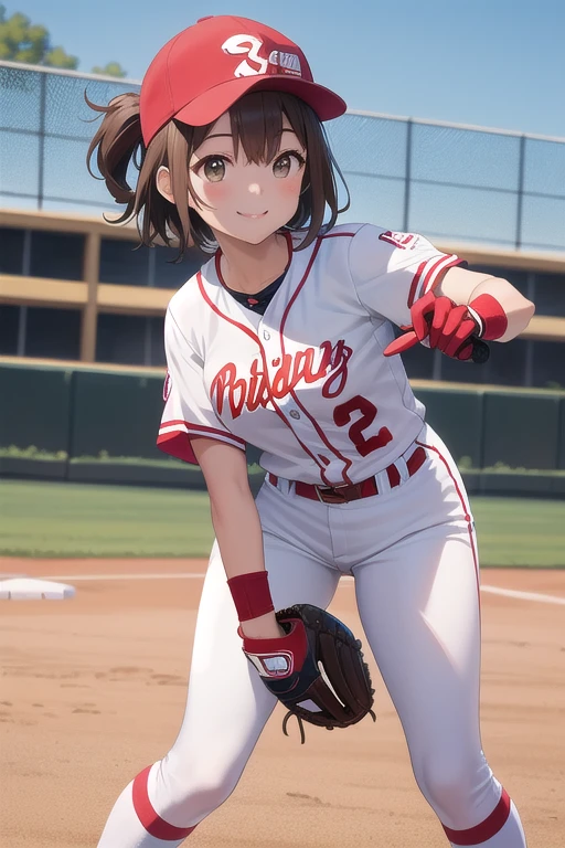 Best Quality、masterpiece、 High Resolution 、Fine Lines、beautiful、 1 girl、Brown Hair、 short hair、smile、 playing softball、 white and red uniform with gloves on her left hand、左手にーブを着けている、Wearing a baseball cap、Ground、sunny、