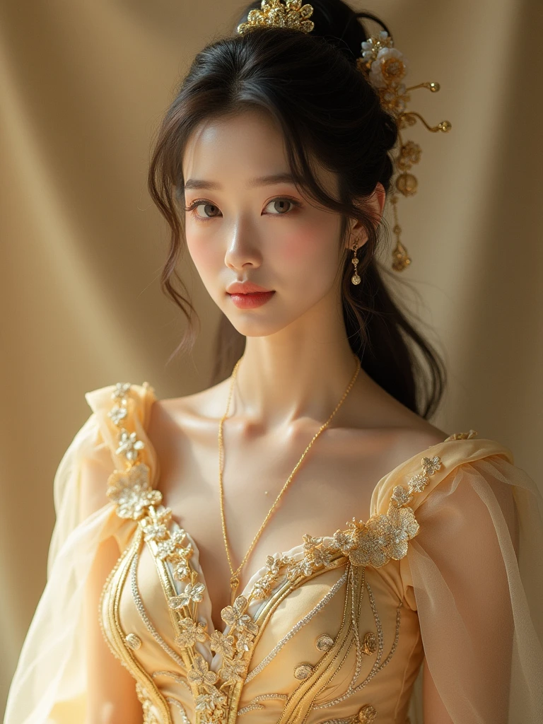 Beautiful Korean girl, smooth white skin, well-groomed face, long black hair, long luxurious loose dress, decorated with beautiful golden butterfly flower motifs. faint smiling expression, sitting gracefully on a luxurious sofa, luxurious room background, exquisite flower painting, the room looks authentic, original photo,