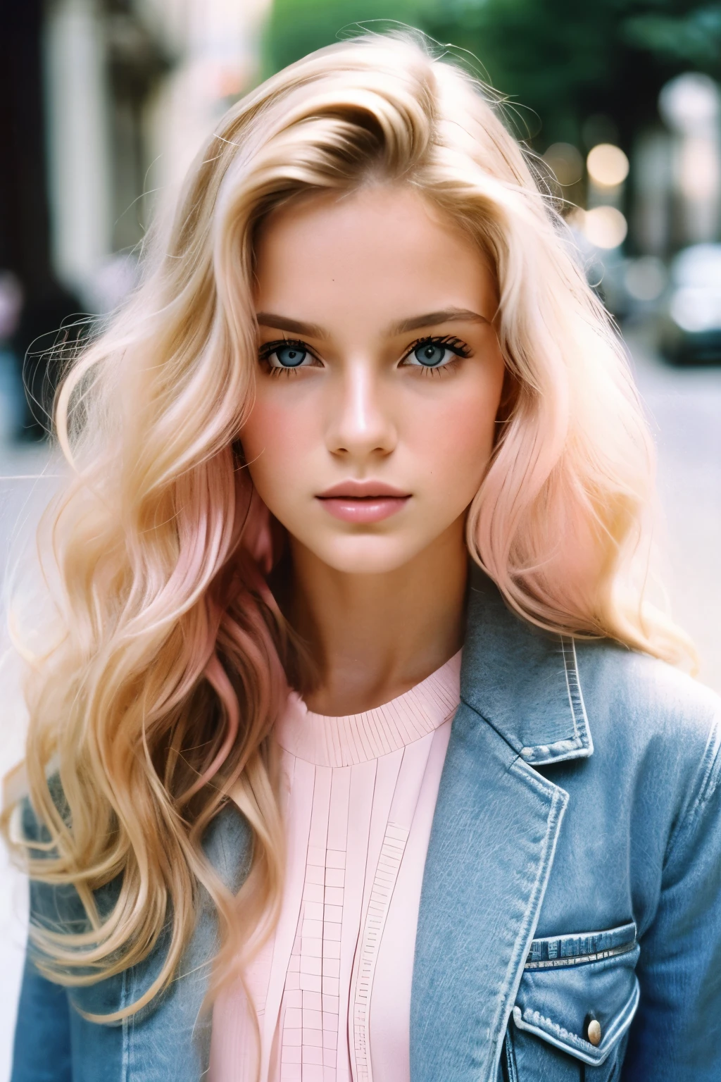 very beautiful dreamy girl, supermodel face, wavy blonde Hair with highlights, 1970 street style, pale skin, film analog, grainy film, pink, High Resolution, Anatomically Correct, Accurate, Best Quality, Fujicolor, Makeup, pink lips