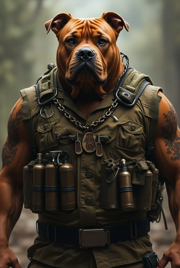 Photo of a dog of the American bully breed, coat color chocolate brown, hat and scarf，art station trends，wear fashionable clothes，hyperrealistic detailed visualization，Urban style，intimidating pose，Planet of Dogs，Fashionable outfit，urban samurai，doggy，In a work hat，Stylish cityscape. On the buckle of the belt there is a logo of the capital letter G