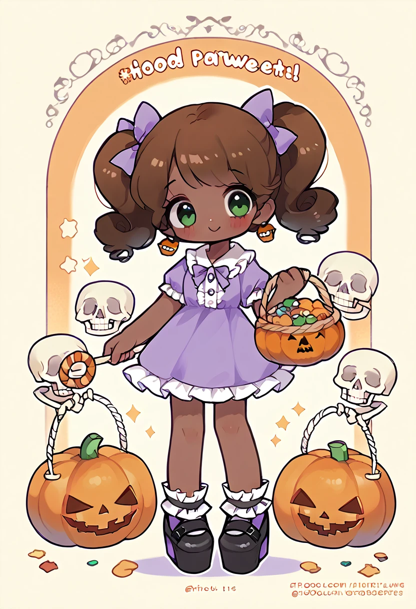 1girl, short brown hair, curly hair, very dark skin, standing in a pumpkin patch, holding a trick- or treat jack-o lantern basket, smiling happily, green eyes, short frilly socks, platform black shoes, short dress, short sleeves, dress bow, orange and purple dress, good detail on dress, a black cat is sleeping on a nearby pumpkin, blush, skeleton earrings, pigtails, frills at the bottom of the dress 