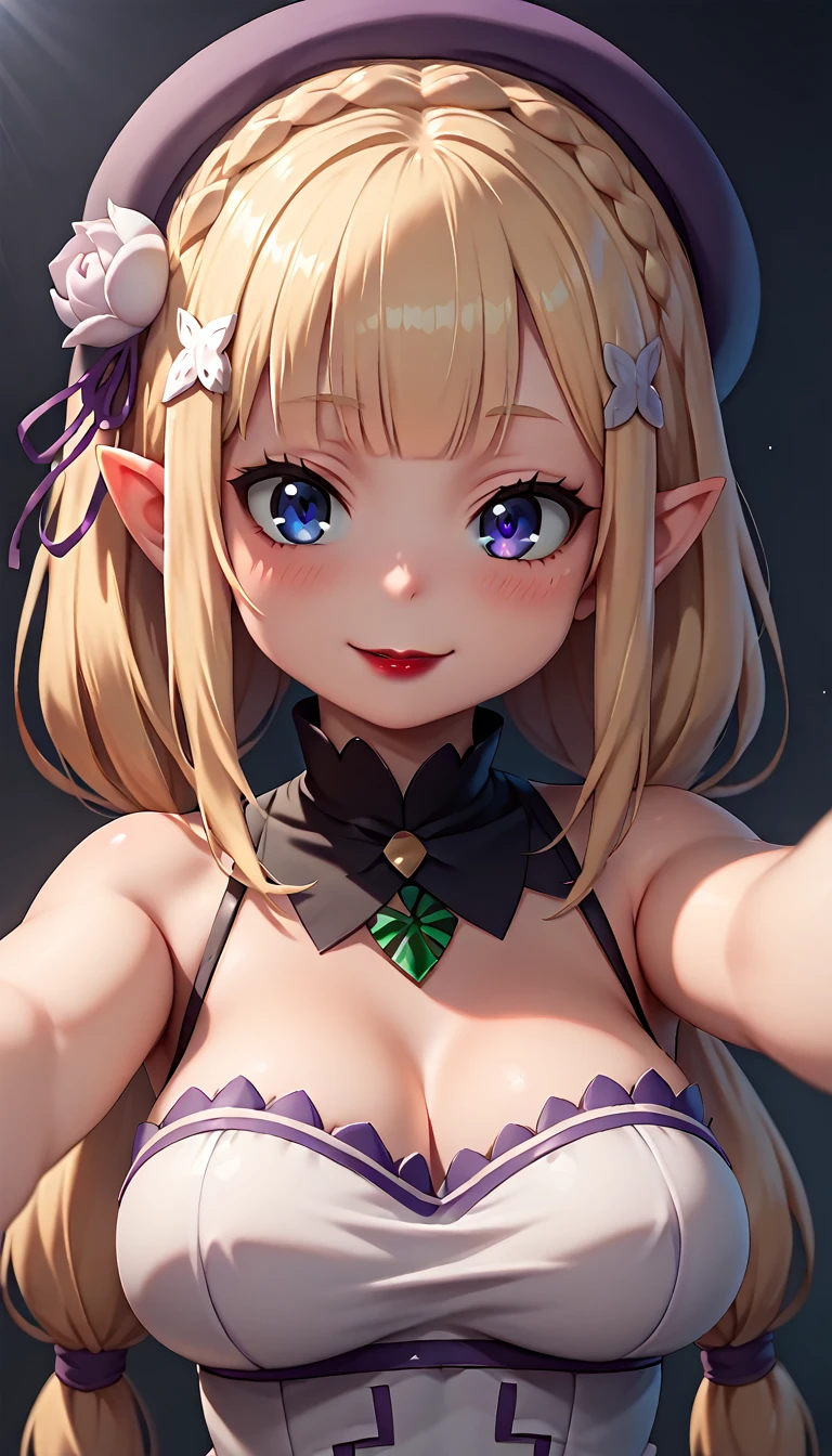 High resolution, Very detailed, perfect lighting, beautiful detailed eyes, ((masterpiece,Best Quality)), absurdities, alone, princess zelda, by the width, crown braid, Hair clip, pointy ears, Gloves without fingers, black gloves, smile, curves, nod, , deep neckline, deep neckline, touching her breasts in a sexy way, close up, black fur, close up, pigtails with bangs, pigtails with bangs, touching her breasts in a sexy way, teal eyes, close up, pigtails with bangs, pretty face, white beret, beach at night, tight black military bra, tight black military bra, red lipstick, blushing, blonde