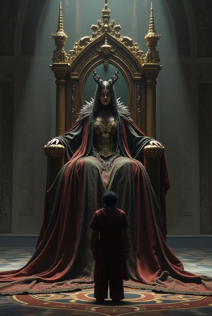 A mother queen is sitting in her throne, Her son is sitting in her lap.She pleases the evil to give her powers,the evil accepted her wish and she turns into a queen of devils, she turns into a devilish appearance. Her son said to the evil that leave my mom. His mom replied that, Don't come near me, from now, I am not your mom, I am the queen of devils