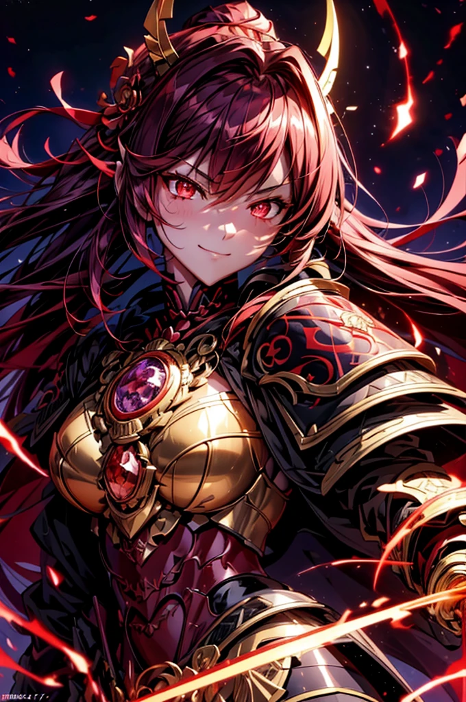 best quality,4K,high resolution),Ultradetailliert,realistisch,portrait, Lila Samurai Sukkubus mit einen katana dunkelrotem Haar, a purple-dark red armor with gold neon lights with gold trim and glowing red eyes, Leuchtende Farben, delicate features, seductive glance, Charming smile, wallende Haare, sanfte Beleuchtung