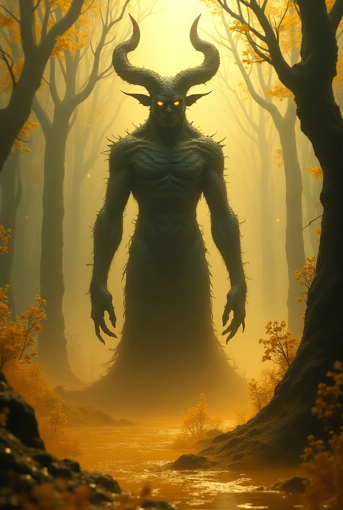 A tall young man, black fur,mint green eyes,and that he is in a dark, gloomy forest and behind him there is a shadow in the shape of a boy