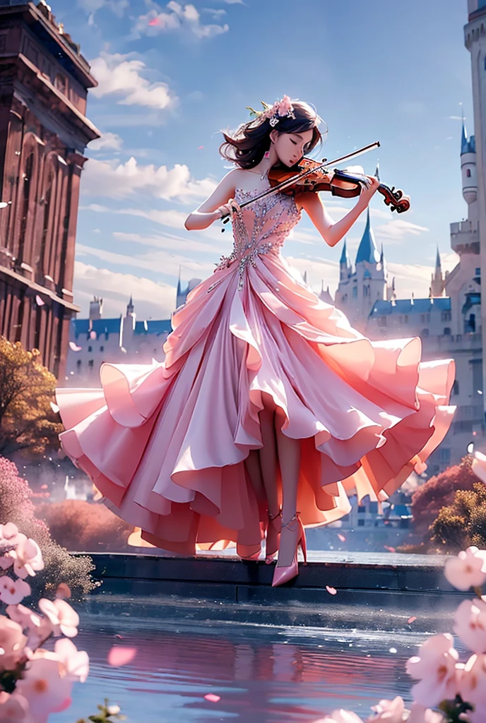 (A girl in a dress is in the air:1.3), playing a violin, (wide shot, wide-angle lens,Panoramic:1.2),super vista, super wide AngleLow Angle shooting, super wide lens, Castle background
violinbare shoulderspetalspink dressfrom belowblurry foreground 
(full body:1.5),(long legs:1.3), 
