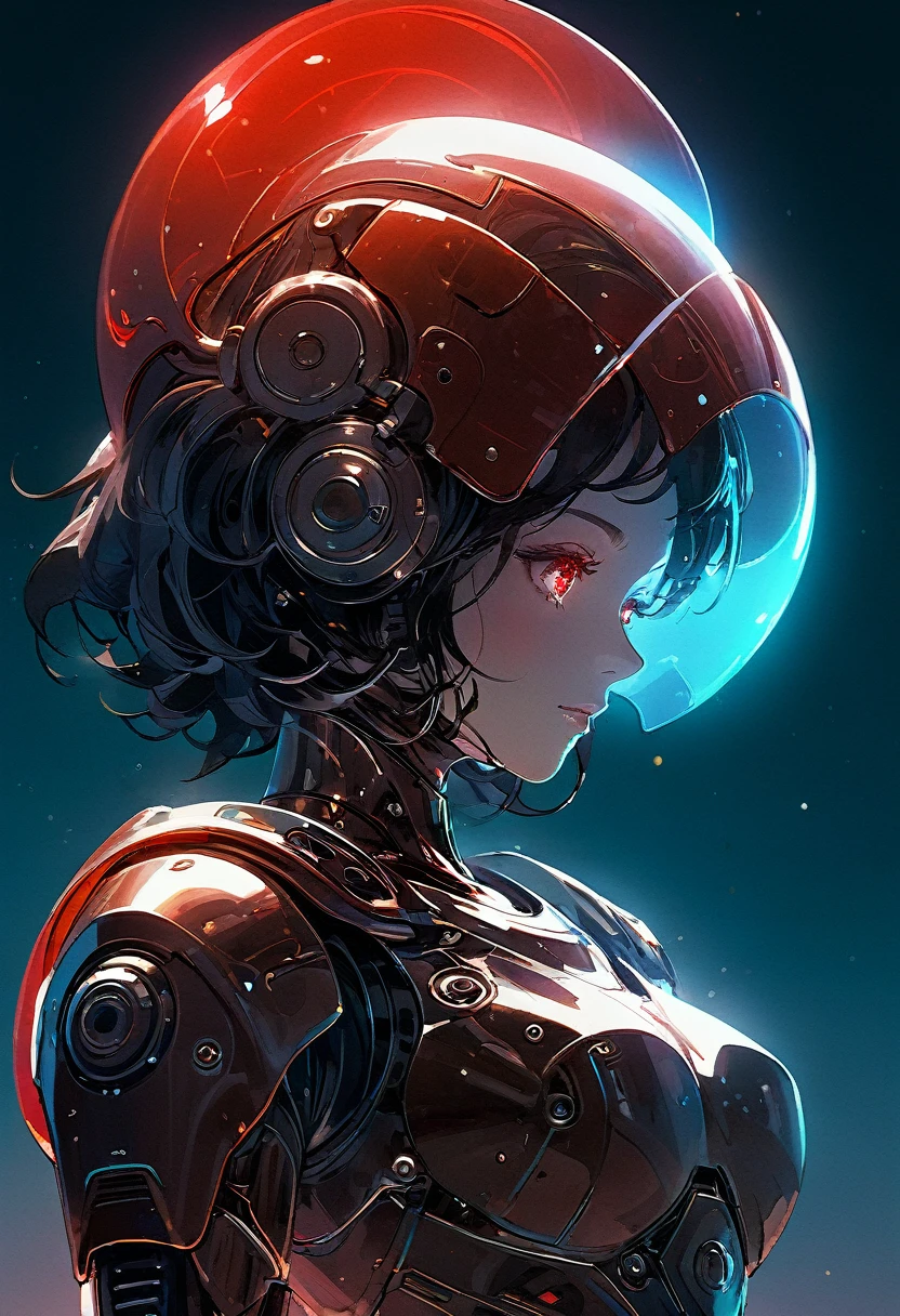 Space art galaxy landscape, concept art, vector, high quality, check the detail information, Unreal Engine, Octane Rendering, Ultra high quality, Ultra-high resolution, Surrealism, painting , drawing by Conrad Roset close up , (detail mechanical eyes:1.5),reflections on helmet a giant robot (glowing red neon glass transparent helmet:1.8),bioluminescence,fluorescent helmet, the robot is aged with moss on its rusty bronze armor, night, moonlight shadows, dramatic lighting , gradient pop surrealism , BREAK Detailed,(darkness:1.3),(very detailed shadows:1.3),absolute shadows,absolute darkness,body silhouette,