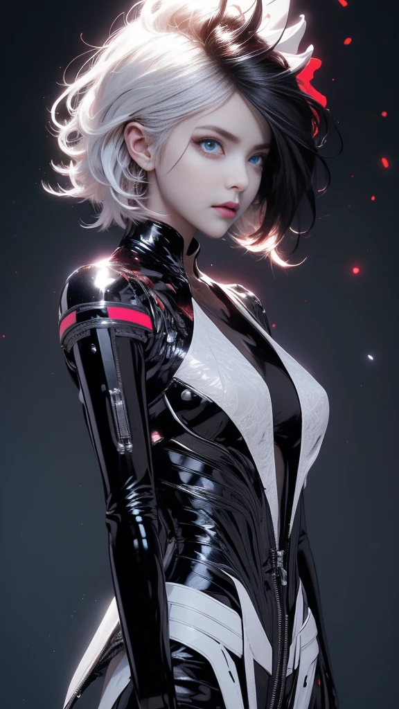 A digital illustration of a white mecha suit with short bob hairstyle, white hair, (full body length), (super cuteness), (super beautiful face), 32k UHD, C4D style, octane render, sharp focus, complex details, perfect details, highest resolution, Show shoes, 1 girl, solo, RAW, photo realistic of face, CG game art, wearing white armor and helmet, beautiful eyes. The background is a dark grey with neon red accents, creating an eerie atmosphere, The art style is inspired in the style of GG game artstyle, with a high contrast between light and shadow and futuristic elements. It is a digital art piece with a dark fantasy theme, vibrant colors, and sharp details.
white hair, dark pink eyes, spot under the right eye, long hair, black clothes
(masterpiece),((Highly detailed lblack short hair)),((expressive blue eyes)),(Highly detailed black biker outfit),deep cleavage,serious expression,extremely beautiful mature woman, milf,pale white skin,silver jewelry,best quality,cel shading,8K HD,highly detaild face, highly detaild eyes,flat color,(fullbody angle),high contrast,ufotable art style,contrapposto,white background
Tattoo Black Mask SKULL Black Eyepatch Best Quality, UHD, Quality, High Quality, Black Hair, Odd Eye Mesh Color Glowing Light, Cinematic Lighting, Chromatic