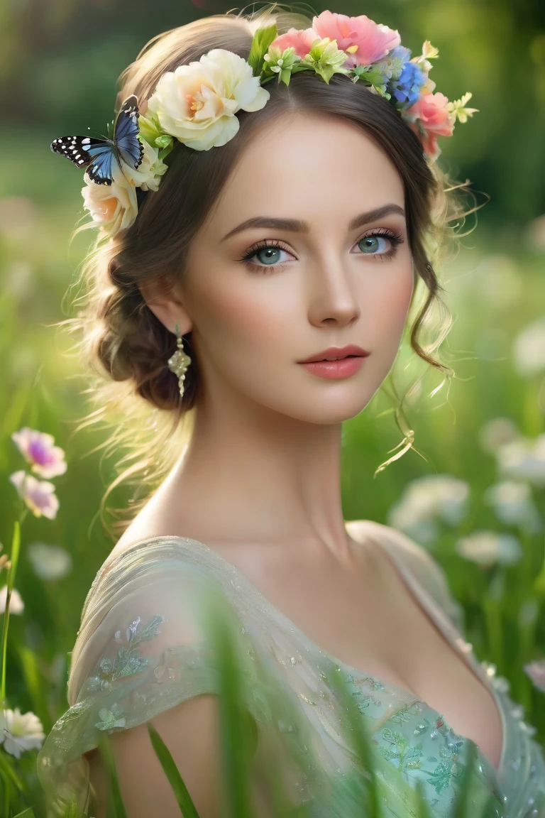 A 30-year-old girl in the garden, very beautiful, beautiful detailed eyes, beautiful detailed lips, long eyelashes, dreaminess, a small flower wreath on her head, a summer dress on her, A calm atmosphere, Natural sunlight, Flying butterflies, Colorful flowers, Green grass, Bright colors, Looks directly into the camera. (Best Quality, 4K, 8K, High Resolution, Masterpiece: 1.2), Ultra Detailed, Realistic: 1.37, Portrait, Pastel colors of summer, Soft lighting. The picture was taken on a Canon R5 with a fixed Canon lens of 24-70 mm, an aperture of 2.8 f and a focal length of 50 mm.