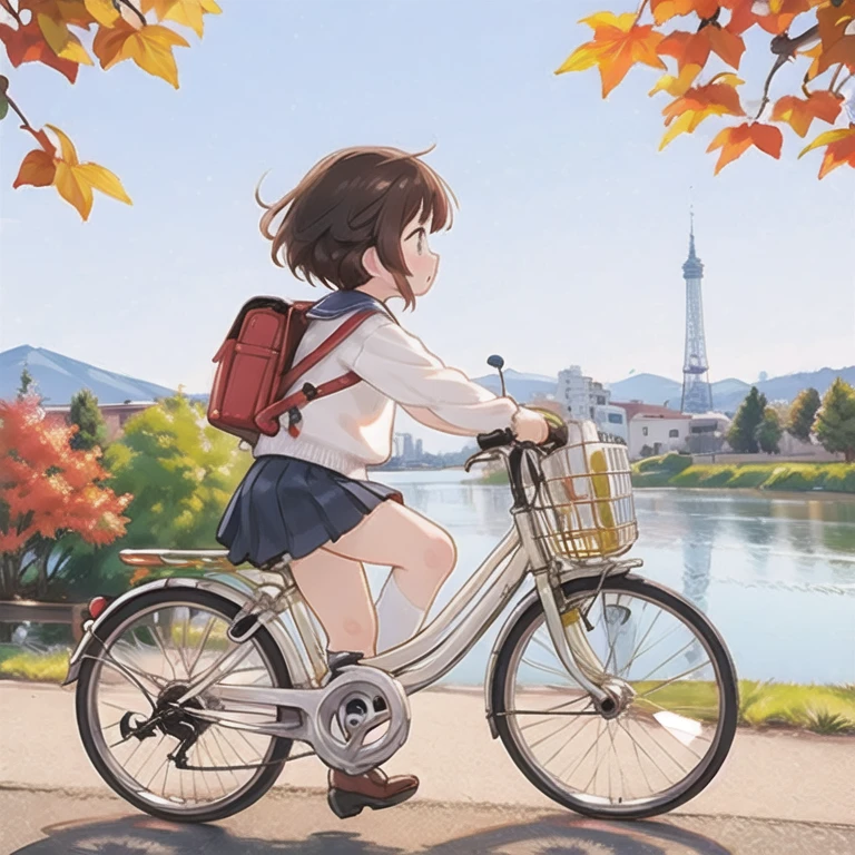 (Masterpiece， super high definition ，Best Quality:1.2), reality、 very short height ， By bicycle，Alone、Junior high school students，Winter clothes、Fluttering skirt， positive，whirlwind，Riverside at dusk、Beautiful autumn leaves，Beautiful sunset，