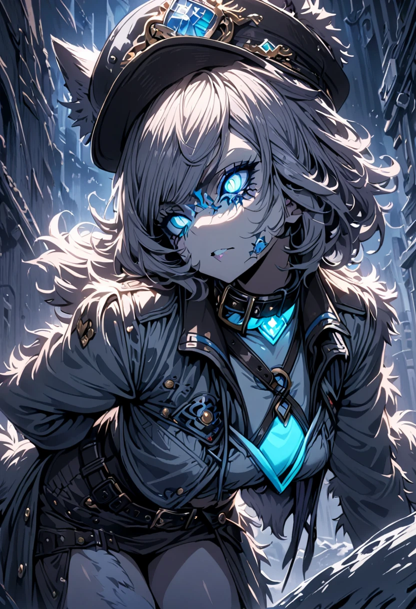 1girl,hat,collar jacket, furr trimmed,belt,leaning forward,(high detailed face),xill,glow