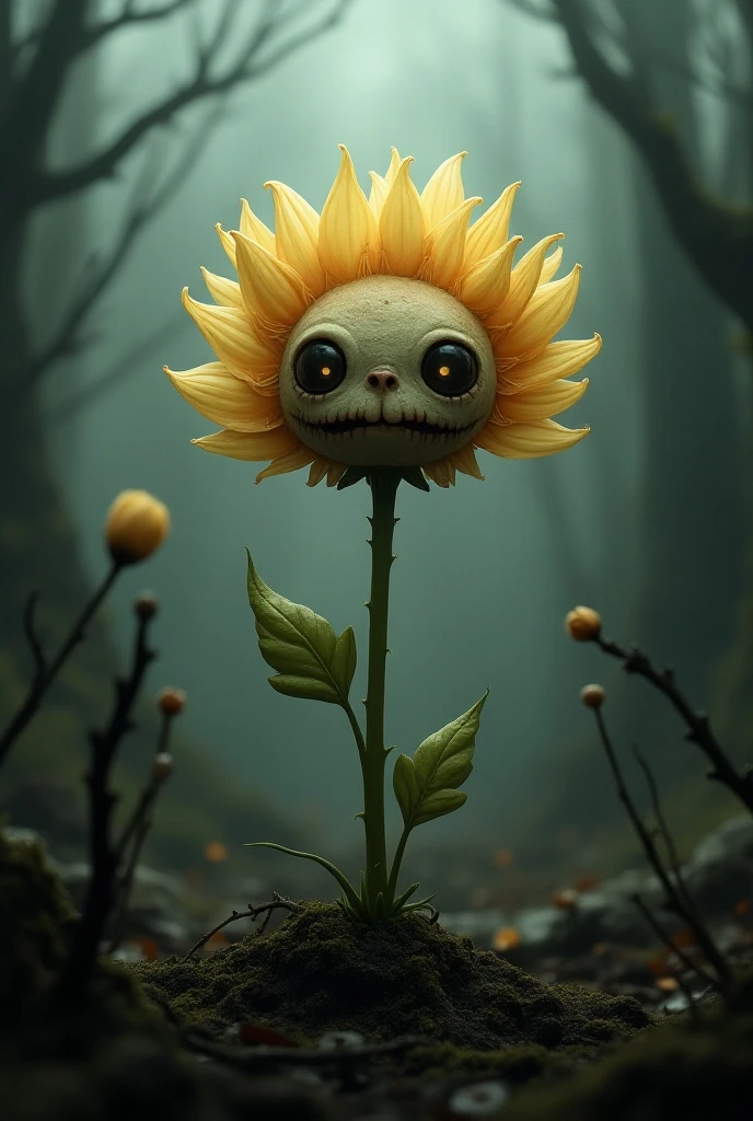 Creates a flower with a face of extreme pain looking up and bending to the ground as it withers.