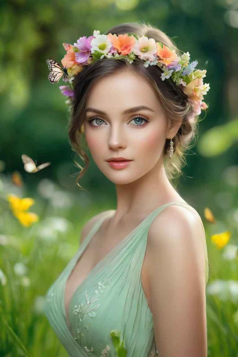 A 30-year-old girl in the garden, very beautiful, beautiful detailed eyes, beautiful detailed lips, long eyelashes, dreaminess, a small flower wreath on her head, a summer dress on her, A calm atmosphere, Natural sunlight, Flying butterflies, Colorful flowers, Green grass, Bright colors, Looks directly into the camera. (Best Quality, 4K, 8K, High Resolution, Masterpiece: 1.2), Ultra Detailed, Realistic: 1.37, Portrait, Pastel colors of summer, Soft lighting. The picture was taken on a Canon R5 with a fixed Canon lens of 24-70 mm, an aperture of 2.8 f and a focal length of 50 mm.