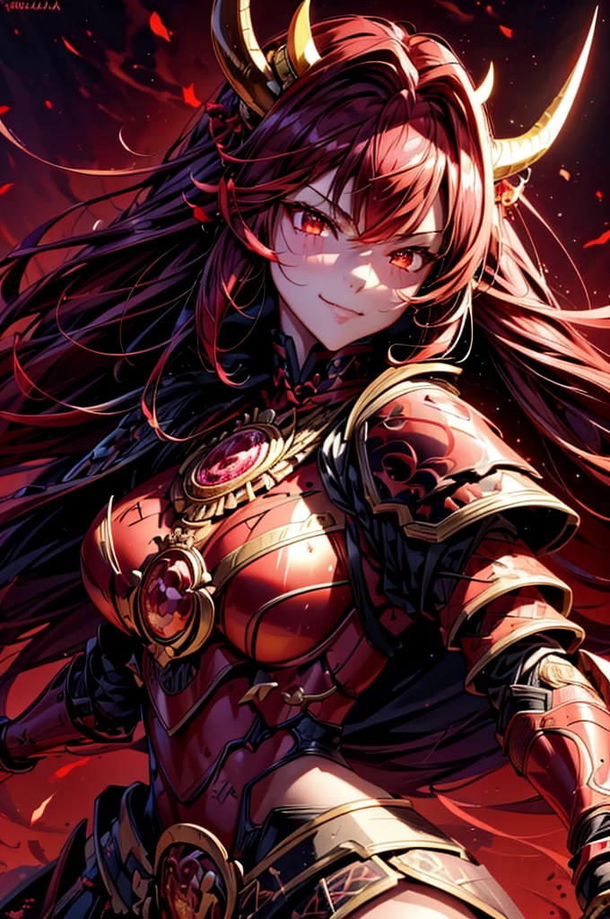 best quality,4K,high resolution),Ultra-detailed,realistic,portrait, Lila Samurai Sukkubus ,with horns on the head ,  with a katana dark red hair, a purple-dark red armor with gold neon lights with gold trim and glowing red eyes,  bright colors , delicate features, seductive glance, Charming smile, flowing hair,  soft lighting 