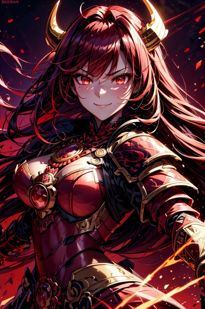 best quality,4K,high resolution),Ultra-detailed,realistic,portrait, Lila Samurai Sukkubus ,with horns on the head ,  with a katana dark red hair, a purple-dark red armor with gold neon lights with gold trim and glowing red eyes,  bright colors , delicate features, seductive glance, Charming smile, flowing hair,  soft lighting 