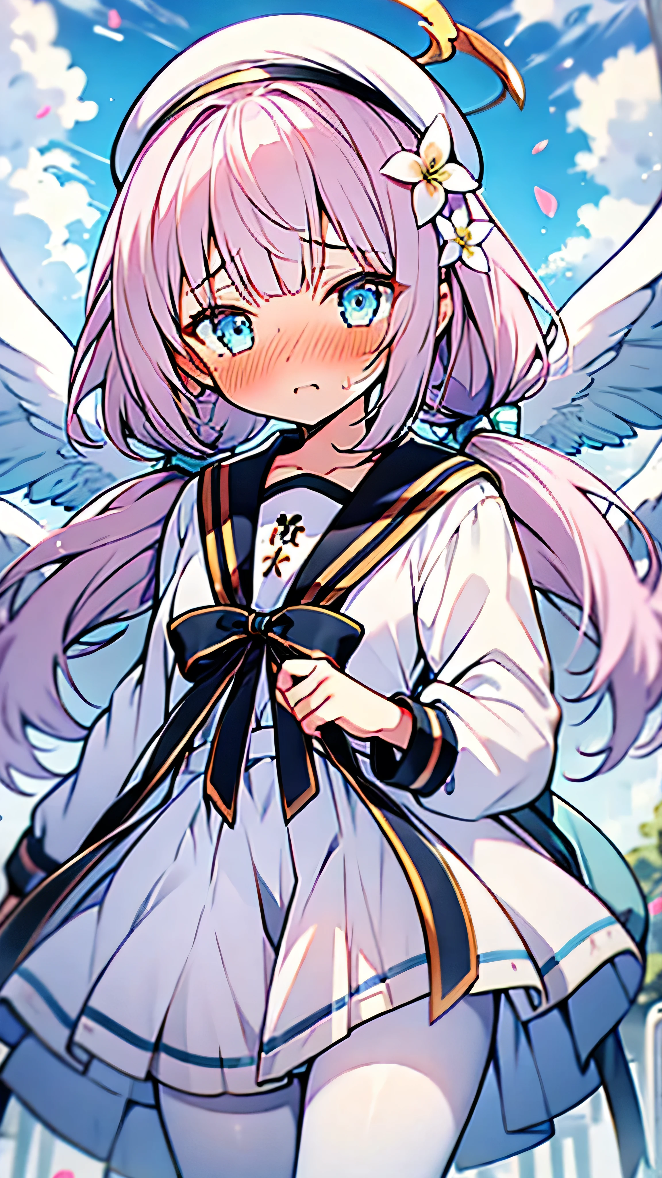 nsfw, ((masterpiece,best quality)), (close_up), head_sculpture, 1girl, solo, (low twintails:1.1), (blush, nose blush), crying, standing, lift up skirt, yurisaki_mika, multiple_wings, white_beret, mika_serafuku, sailor_collar, mika_halo, flower_hair_ornaments, white pantyhose, white panties, looking down, trembling,