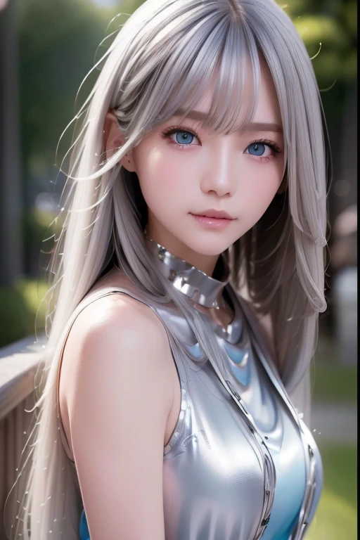 (masterpiece,  best quality: 1.2), Advanced Face Detail, ((Photo of your face)), (Silver-haired woman), ((Blue Eyed Woman)),  long shiny hair,  extremely detailed face and skin texture, White and shiny skin, Elegant face, Elegant young woman, Detailed eyes, double eyelid, sexy,  sleeveless blouse ,  see here 、