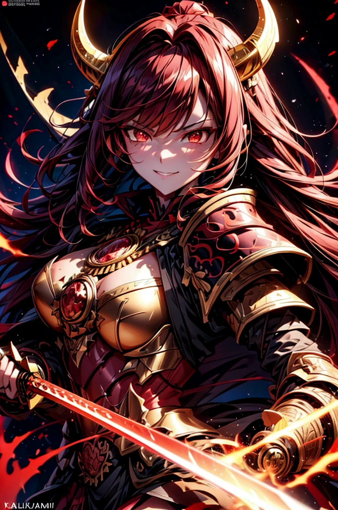 best quality,4K,high resolution),Ultra-detailed,realistic,portrait, Lila Samurai Sukkubus ,with horns on the head ,with black wings.  with a katana dark red hair, a purple-dark red armor with gold neon lights with gold trim and glowing red eyes,  bright colors , delicate features, seductive glance, Charming smile, flowing hair,  soft lighting 