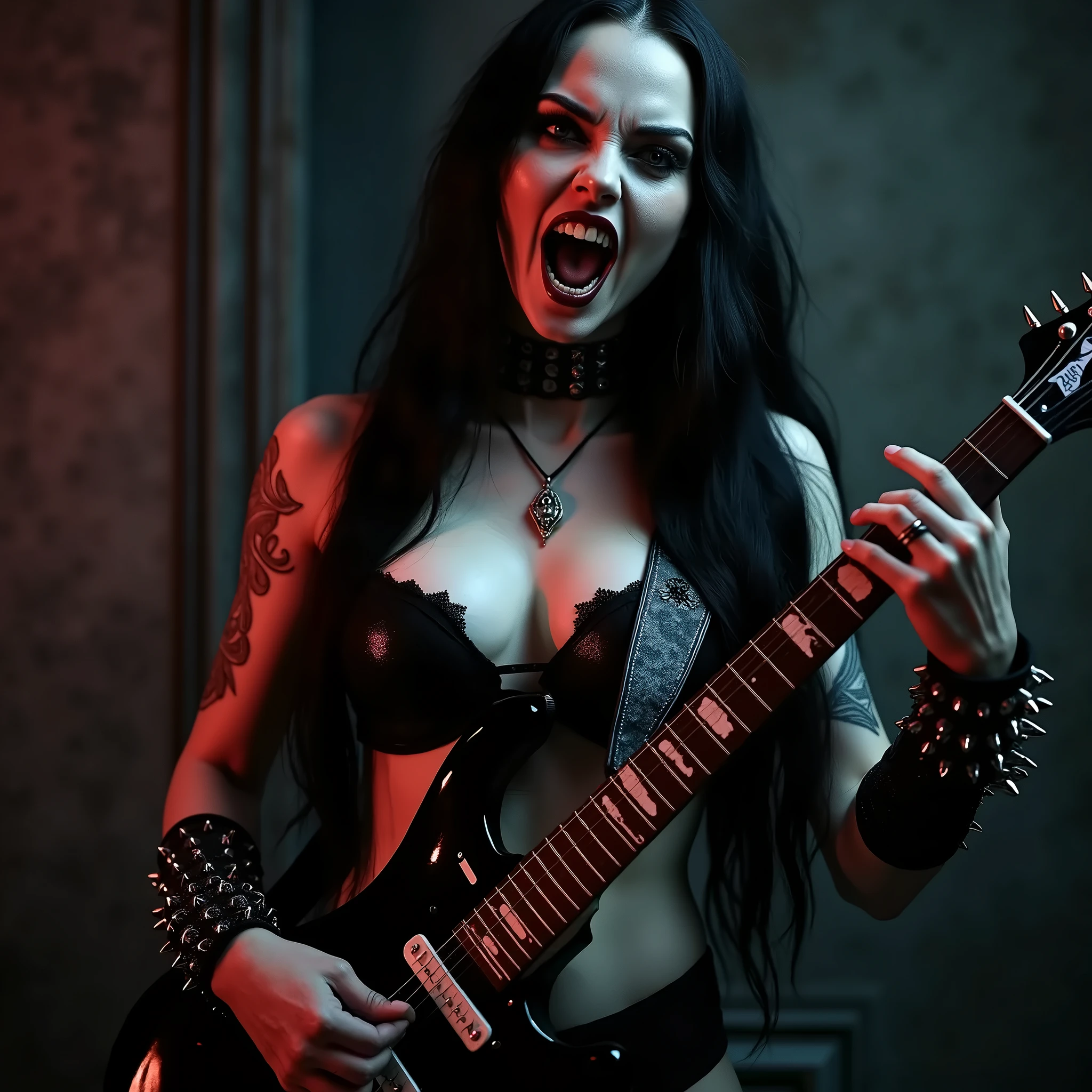 Sexy nude metalhead demoness with long black hair, playing electric guitar, playing in the underworld with skulls around her, Whole body, perfect body, inked body, showing naked breasts, vampire wings, small horns on the head, {{{masterpiece}}}, {{{best quality}}}, {{ultra-detailed}}, {cinematic lighting}, {illustration},