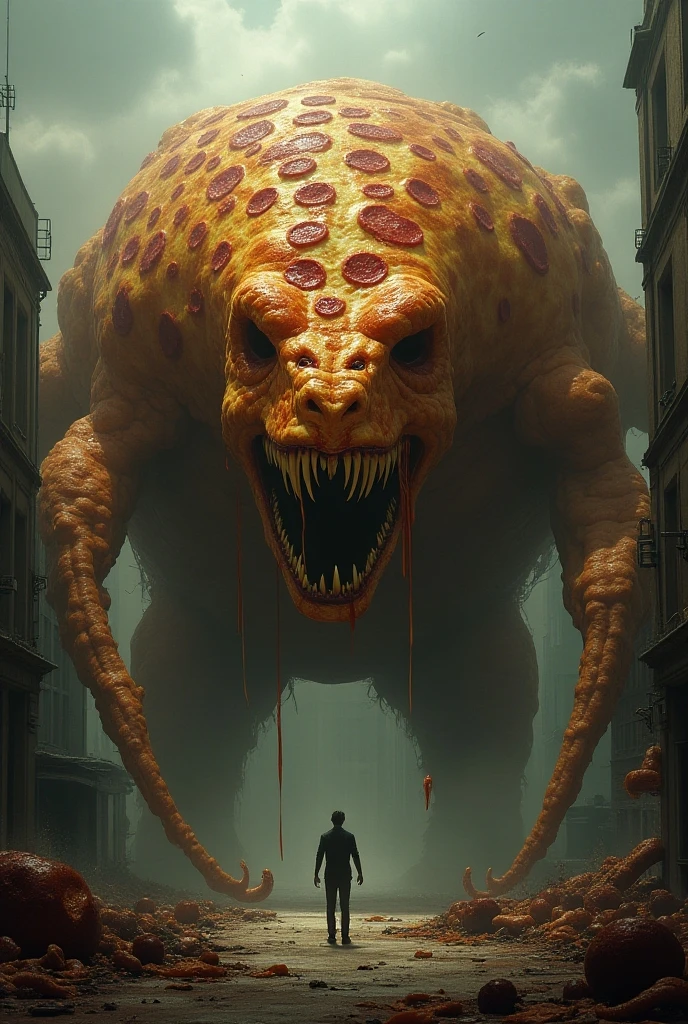 A brain with a large mouth. The brain has tentacles. The brain is screaming. The brain has sharp teeth. The brain is drooling from its mouth. It is sunset in a large city. The city is on fire. There are buildings that are damaged. The brain is attacking the city. The brain is holding onto a train.