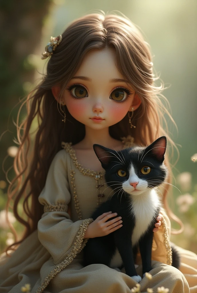 Very cute little fat lady with big eyes. (Long black hair.) She is wearing a beautiful white dress with flower embroidery. She is holding and kissing a small black and white tabby kitten. Background is a lush green park in midsummer.