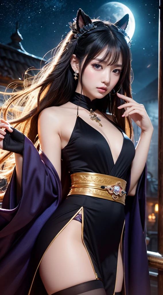 **Prompt:** Create an ultra-realistic 8K resolution image of a Bakeneko, the shape-shifting cat spirit from Japanese folklore, reimagined as the ultimate magical girl while fully retaining its iconic features. The Bakeneko is depicted as a mesmerizing figure, blending her feline traits with the enchanting elements of a magical girl. She has long, flowing black hair that shimmers with a subtle, mystical glow, cascading down her back in soft waves. Her large, almond-shaped eyes shine with an intense amber light, their slitted pupils adding an air of mystery and magic.

Her cat ears, twitching slightly atop her head, are adorned with small, sparkling accessories that match her outfit. A confident, yet playful smile graces her face, with a slight blush on her cheeks, emphasizing her charm and allure. She is dressed in a beautifully designed magical girl outfit that combines traditional Japanese motifs with vibrant, mystical colors. The outfit features a short, layered skirt with flowing, ethereal fabric that seems to move with a life of its own, and a fitted bodice adorned with intricate patterns of silver and gold.

Her hands, delicate yet powerful, end in sharp, retractable claws that add a touch of danger to her otherwise sweet appearance. A long, sleek cat tail, tipped with a small, glowing charm, curls gracefully behind her. She wields a magical staff topped with a crescent moon, surrounded by floating, glowing orbs that pulse with magical energy.

The background is a dreamlike, moonlit landscape filled with shimmering stars and floating cherry blossoms, creating an atmosphere of both wonder and mystery. The Bakeneko stands as the ultimate magical girl, perfectly blending her mystical heritage with the enchanting power and elegance of a magical heroine.