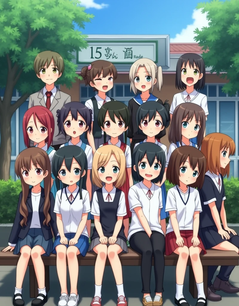 Group of many cute school girls in black skirts crouching in anime