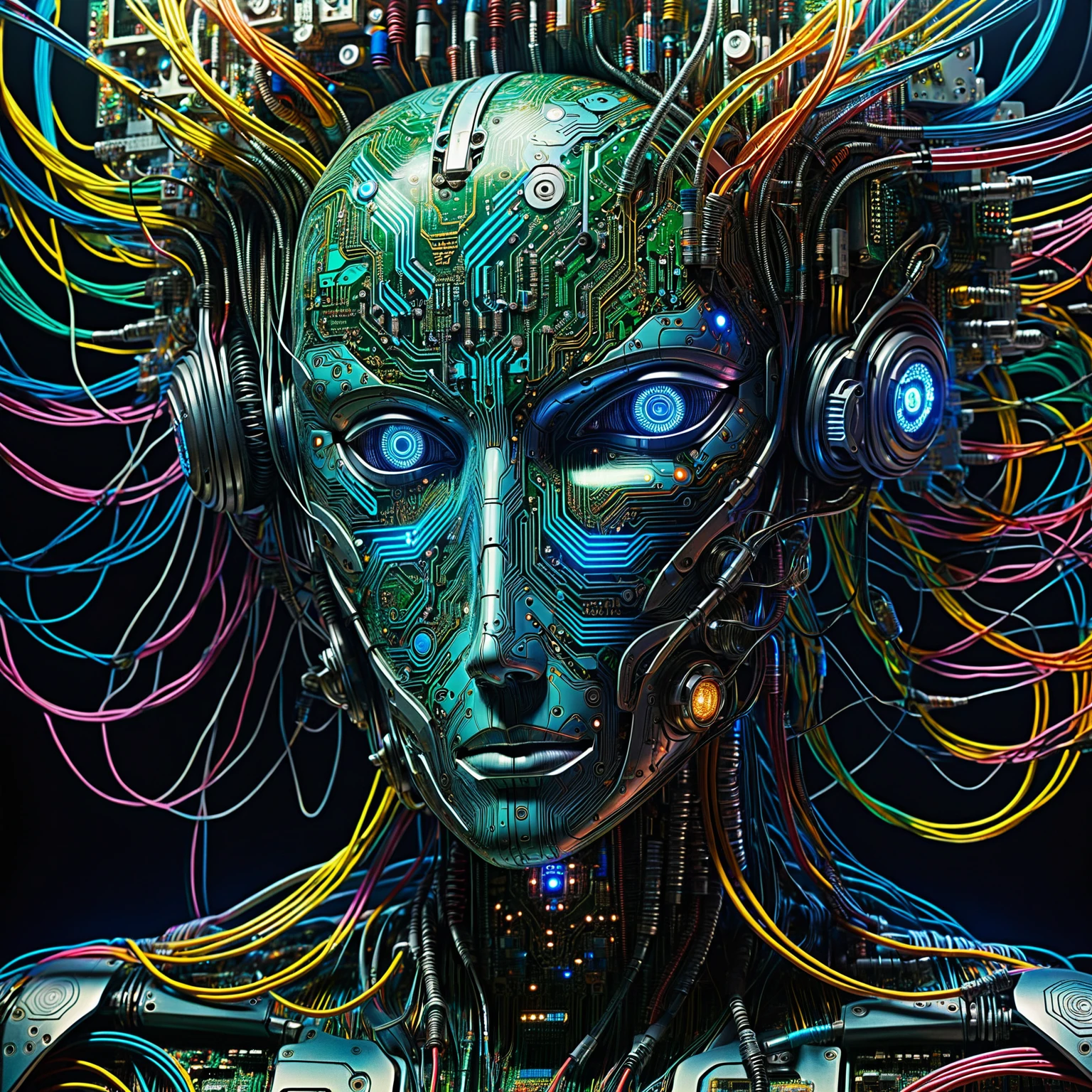 surrealism,  hand-drawn digital illustration of a humanoid figure ,  which is intricately composed of circuit boards and mechanical parts .  The face is very human-like ,  but it is definitely real .  is wrapped around the head and neck and covers the bright maze .  Vivid eyes look into the distance ,  multicolor fluorescent wires stand out in stark contrast and create a fascinating visual effect,  where organic shapes are intertwined with machines .  Their soft lighting enhances the futuristic ,  disturbing atmosphere and points to the complex inner workings of this cybernetic organism .  The characters' facial expressions are neutral ,  with built-in microLEDs and electronic components everywhere ,  a strange feeling of contemplation in the midst of mechanical chaos . Soft background light , das die Livelyn Details von Drähten und Schaltkreisen hervorhebt,  makes the bright details of wires and circuits stand out even more . surrealism, Lively, Digital Painting, cyberpunk, Mechanics , Textur, Detail