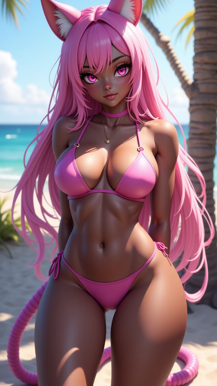 1girl,ingrid,dark skin, dark-skinned female, very long hair,ponytail yellow eyes, purple lips, pink hair, forehead, hair intakes, mole under mouth, mole, large breasts,white bikini,cowboy shot,glasses,beach,sea