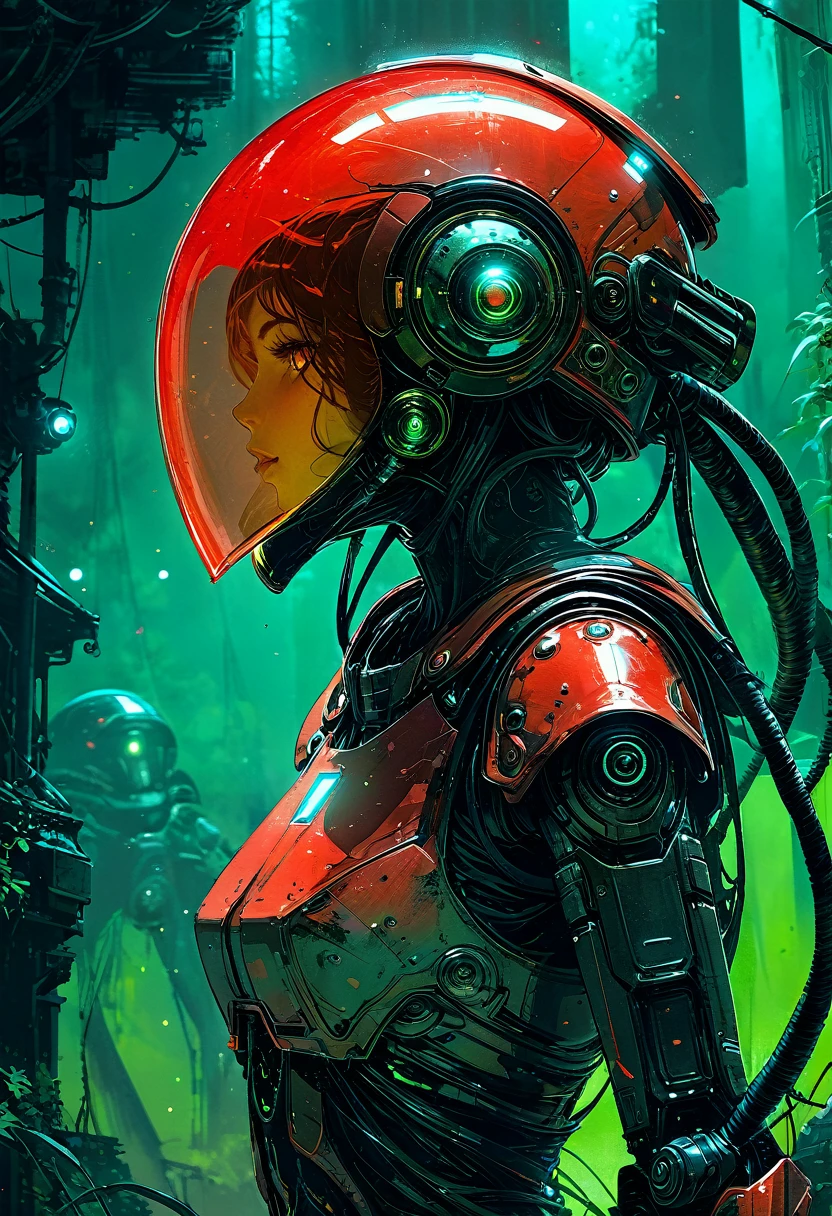 Space art galaxy landscape, concept art, vector, high quality, check the detail information, Unreal Engine, Octane Rendering, Ultra high quality, Ultra-high resolution, Surrealism, painting , drawing by Conrad Roset close up , (detail mechanical eyes:1.5),reflections on helmet a giant robot (glowing red neon glass transparent helmet:1.8),bioluminescence,fluorescent helmet, the robot is aged with moss on its rusty bronze armor, night, moonlight shadows, dramatic lighting , gradient pop surrealism , BREAK Detailed,(darkness:1.3),(very detailed shadows:1.3),absolute shadows,absolute darkness,body silhouette,